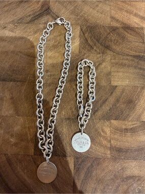 Tiffany & Co. Silver Round Tag Necklace and Bracelet Set